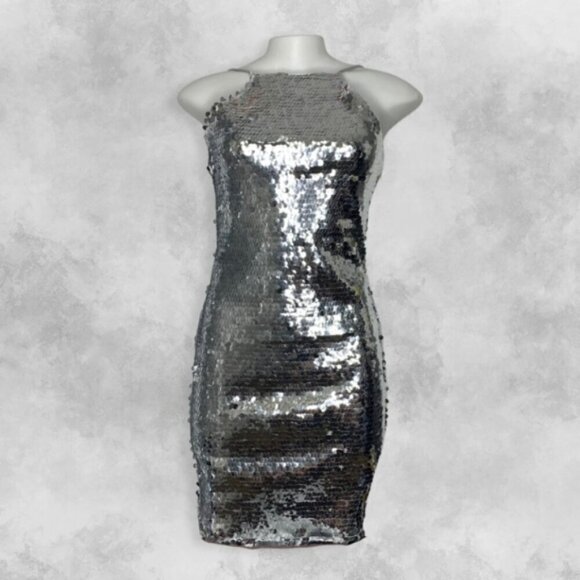 NWOT Stradivarius Silver Sequin Swiftie Metallic Spacecore Prom Mini Dress S - Picture 3 of 12